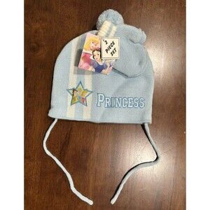 Disney Princess Girls toddler beanie pompon blue hat and gloves set